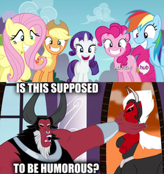 Size: 1272x1348 | Tagged: safe, applejack, fluttershy, lord tirek, pinkie pie, rainbow dash, rarity, g4, my little pony: friendship is magic, twilight's kingdom, exploitable meme, is this supposed to be humorous, lady tirek, meme, rule 63