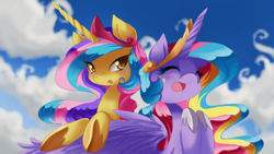 Size: 1509x849 | Tagged: safe, artist:loyaldis, princess gold lily, princess sterling, cute, eyes closed, happy, heart eyes, looking at you, open mouth, rainbow power, rainbow power-ified, smiling, that was fast, wingding eyes