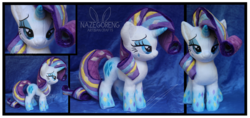 Size: 4000x1895 | Tagged: safe, artist:nazegoreng, rarity, g4, twilight's kingdom, bedroom eyes, irl, photo, plushie, rainbow power, smiling, solo