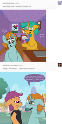Size: 672x1337 | Tagged: safe, artist:apartment2bmod, scootaloo, snails, snips, pony, snail, unicorn, ask adult snips and snails, g4, ask, beard, bed, clothes, comic, factory scootaloo, female, keyboard, male, mare, older, older scootaloo, older snails, older snips, shirt, stallion, tumblr