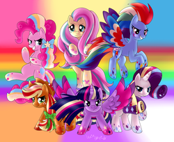 Size: 1692x1379 | Tagged: safe, artist:lexieskye, applejack, fluttershy, pinkie pie, rainbow dash, rarity, twilight sparkle, alicorn, pony, g4, female, mane six, mare, rainbow power, twilight sparkle (alicorn)