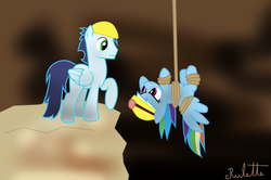 Size: 1024x681 | Tagged: safe, artist:rulette, rainbow dash, soarin', g4, cave, female, hard hat, hat, headlamp, helmet, male, mining helmet, rainbond dash, ship:soarindash, shipping, straight, suspended, tied up, upside down