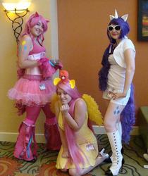 Size: 476x567 | Tagged: safe, artist:hinoteichimaru, fluttershy, pinkie pie, rarity, human, g4, cosplay, irl, irl human, photo