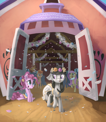 Size: 1810x2072 | Tagged: safe, artist:ruffu, cheese sandwich, fluttershy, junebug, octavia melody, pinkie pie, oc, earth pony, pegasus, pony, g4, barn, cheering, clothes, confetti, door, dress, eyes closed, female, floral head wreath, grin, jewelry, mare, necklace, open mouth, party, raised hoof, sitting, smiling, squee, walking, wedding, wedding dress