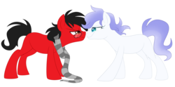 Size: 1024x507 | Tagged: safe, artist:xnightmelody, oc, oc only, oc:crowne prince, earth pony, pony, blank flank, clothes, commission, crowneprince, duo, evil, glare, glasses, good, grin, ponysona, scarf, solratic, stares, vs