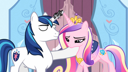 Size: 1365x768 | Tagged: safe, screencap, princess cadance, shining armor, g4, the crystal empire, female, horn, horn crystals, magic suppression, male, ship:shiningcadance, shipping, straight, tired