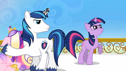 Size: 1365x768 | Tagged: safe, screencap, princess cadance, shining armor, twilight sparkle, g4, my little pony: friendship is magic, the crystal empire, determined, horn, horn crystals, magic suppression, scrunchy face