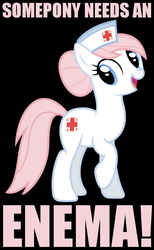 Size: 800x1300 | Tagged: safe, artist:drfatalchunk, nurse redheart, earth pony, pony, g4, caption, enema, female, image macro, implied anal insertion, implied insertion, inappropriate smile, mare, meme, pink text, solo