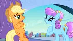 Size: 1365x768 | Tagged: safe, screencap, applejack, g4, the crystal empire, bipedal, crossed hooves, leaning