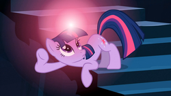 Size: 1365x768 | Tagged: safe, screencap, twilight sparkle, pony, unicorn, g4, the crystal empire, female, glowing horn, horn, light spell, listening, magic, mare, solo, stairs, unicorn twilight