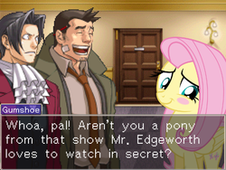 Size: 1024x768 | Tagged: safe, fluttershy, g4, ace attorney, ace attorney investigations, blushing, closet brony, crossover, dialogue, dick gumshoe, miles edgeworth