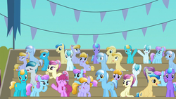 Size: 1365x768 | Tagged: safe, screencap, amber waves, berry punch, berryshine, bright smile, castle (crystal pony), crystal arrow, crystal beau, fleur de verre, ivory, ivory rook, night knight, rubinstein, sapphire joy, crystal pony, earth pony, pony, g4, the crystal empire, background pony, background pony audience, female, mare, sitting