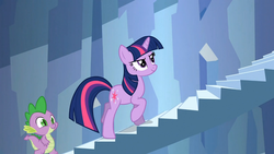 Size: 1365x768 | Tagged: safe, screencap, spike, twilight sparkle, dragon, pony, unicorn, g4, the crystal empire, duo, female, king sombra's stair dimension, male, mare, stairs, unicorn twilight