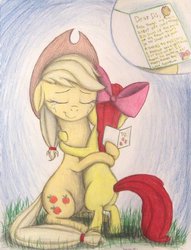 Size: 782x1021 | Tagged: safe, artist:thefriendlyelephant, apple bloom, applejack, g4, card, eyes closed, family, filly, grass, hug, mommajack, mother's day, sisters, tears of joy, traditional art