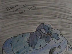 Size: 640x480 | Tagged: safe, artist:silverscarlet99, princess luna, g4, bed, blanket, female, solo, teddy bear