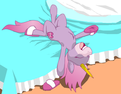 Size: 1080x832 | Tagged: safe, artist:dreadlime, pony, armpits, bed, chest fluff, clothes, reclining, slippers, solo, stompeez, stompy, stompy slippers, unusual unicorn