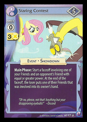 Size: 344x480 | Tagged: safe, enterplay, discord, fluttershy, canterlot nights, g4, my little pony collectible card game, ccg, staring contest, the stare