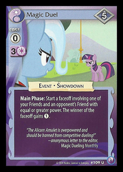 Size: 344x480 | Tagged: safe, enterplay, trixie, twilight sparkle, canterlot nights, g4, my little pony collectible card game, alicorn amulet, ccg, magic dueling monthly