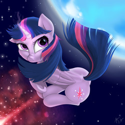 Size: 2400x2400 | Tagged: safe, artist:captainpudgemuffin, twilight sparkle, alicorn, pony, g4, cute, female, fluffy, frown, glare, glowing horn, high res, horn, looking at you, magic, mare, nose wrinkle, solo, space, stars, twilight sparkle (alicorn), underhoof