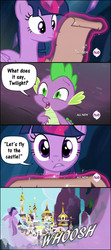 Size: 644x1456 | Tagged: safe, screencap, spike, twilight sparkle, alicorn, pony, g4, canterlot, female, let's fly to the castle, mare, scroll, twilight sparkle (alicorn)