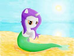 Size: 1600x1200 | Tagged: artist needed, safe, oc, oc only, mermaid, merpony, pony, unicorn, beach, female, lens flare, mare, outdoors, scales, solo