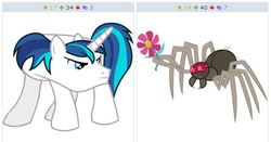 Size: 517x270 | Tagged: safe, fuzzy legs, shining armor, spider, derpibooru, g4, maud pie (episode), my little pony: friendship is magic, angry, exploitable meme, flower, juxtaposition, juxtaposition win, meme, meta, offering, shining armor is not amused, unamused