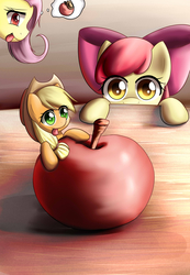 Size: 2430x3507 | Tagged: safe, artist:dyoung, apple bloom, applejack, fluttershy, g4, :p, apple, appletini, cute, fangs, flutterbat, high res, leaning, licking lips, observer, pixiv, smiling, tongue out
