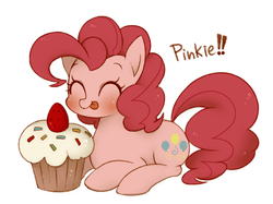 Size: 931x696 | Tagged: safe, artist:うめぐる, pinkie pie, pony, :p, cupcake, cute, diapinkes, eyes closed, female, solo, tongue out