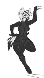 Size: 1085x1920 | Tagged: dead source, safe, artist:avante92, oc, oc only, oc:pyrite, zebra, anthro, unguligrade anthro, anthro oc, assassin, catsuit, clothes, simple background, sneaking suit, solo