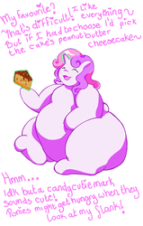 Size: 1218x1920 | Tagged: safe, artist:candyxxxholicxx, sweetie belle, pony, unicorn, g4, blank flank, cake, cheesecake, cute, eyes closed, fat, feedee belle, female, filly, food, magic, morbidly obese, obese, open mouth, sitting, smiling, solo, sweetie belly, telekinesis, thunder thighs