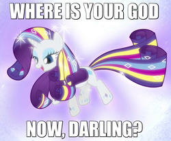 Size: 850x700 | Tagged: safe, edit, edited screencap, screencap, rarity, g4, twilight's kingdom, bedroom eyes, caption, darling, female, floating, image macro, meme, open mouth, rainbow power, smiling, solo, where is your god now?