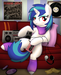 Size: 3039x3736 | Tagged: safe, artist:icaron, dj pon-3, vinyl scratch, pony, unicorn, g4, bedroom eyes, boombox, female, headphones, high res, leg warmers, mare, red eyes, show accurate, solo, stereo, strategically covered, walkman