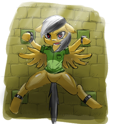 Size: 744x734 | Tagged: safe, artist:cc2381500, daring do, daring don't, g4, bondage, bottomless, clothes, featureless crotch, female, restrained, shackles, solo, spread eagle, spread legs, spread wings