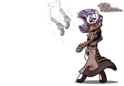 Size: 1565x1088 | Tagged: safe, artist:wreky, rarity, pony, unicorn, g4, bipedal, blood, clothes, female, gun, magic, pistol, revolver, ruffian, scarf, smoking gun, solo, telekinesis, trenchcoat