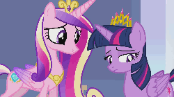 Size: 1280x720 | Tagged: safe, screencap, princess cadance, twilight sparkle, alicorn, pony, g4, twilight's kingdom, animated, concave belly, crown, crystal empire, duo, duo female, empathic, encouragement, eyelashes, female, folded wings, height difference, hoof on chin, hoof shoes, jewelry, looking at each other, looking at someone, mare, new crown, peytral, physique difference, pointing, princess shoes, regalia, sad, sisters-in-law, slender, thin, twilight sparkle (alicorn), wings, worried