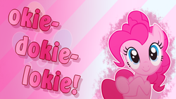 Size: 1920x1080 | Tagged: dead source, safe, artist:joolzanfire, artist:saturdaymorningproj, pinkie pie, g4, cute, cutie mark, female, looking at you, okie doki loki, quote, smiling, solo, vector, wallpaper