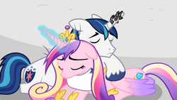 Size: 1365x768 | Tagged: safe, screencap, princess cadance, shining armor, g4, the crystal empire, female, horn, horn crystals, magic suppression, male, ship:shiningcadance, shipping, straight