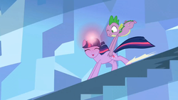 Size: 1365x768 | Tagged: safe, screencap, spike, twilight sparkle, pony, unicorn, g4, the crystal empire, butt touch, female, gravity spell, hand on butt, king sombra's stair dimension, mare, stairs, unicorn twilight