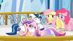 Size: 1365x768 | Tagged: safe, screencap, fluttershy, pinkie pie, princess cadance, shining armor, g4, the crystal empire, female, glowing horn, horn, horn crystals, magic, magic suppression, male, oh my, ship:shiningcadance, shipping, straight, tired