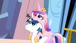 Size: 1365x768 | Tagged: safe, screencap, princess cadance, shining armor, g4, the crystal empire, cadance riding shining armor, female, horn, horn crystals, looking up, magic suppression, male, ponies riding ponies, riding, ship:shiningcadance, shipping, straight