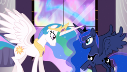 Size: 1365x768 | Tagged: safe, screencap, princess celestia, princess luna, alicorn, pony, g4, the crystal empire, duo, ethereal mane, female, horn, horns are touching, mare, raised hoof, royal sisters, sisters, spread wings, starry mane, wings