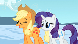 Size: 1365x768 | Tagged: safe, screencap, applejack, rarity, g4, the crystal empire, animation error, shipping fuel, wink