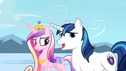 Size: 1365x768 | Tagged: safe, screencap, princess cadance, shining armor, alicorn, pony, unicorn, g4, the crystal empire, female, male, mare, ship:shiningcadance, shipping, stallion, straight