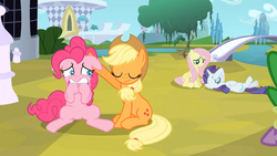 Size: 1365x768 | Tagged: safe, screencap, applejack, fluttershy, pinkie pie, rarity, g4, the crystal empire