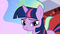 Size: 1366x768 | Tagged: safe, screencap, princess celestia, twilight sparkle, g4, the crystal empire, lidded eyes, princess celestia's hair, smiling