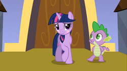 Size: 1366x768 | Tagged: safe, screencap, spike, twilight sparkle, g4, the crystal empire, blushing