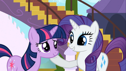 Size: 1366x768 | Tagged: safe, screencap, rarity, twilight sparkle, pony, unicorn, g4, the crystal empire, eye contact, eyeshadow, female, looking at each other, makeup, mare, smiling