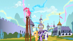 Size: 1365x768 | Tagged: safe, screencap, applejack, pinkie pie, rarity, twilight sparkle, g4, the crystal empire, frown, looking up, open mouth, raised hoof, smiling, stilts