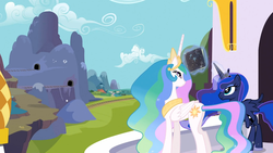 Size: 1365x768 | Tagged: safe, screencap, princess celestia, princess luna, alicorn, pony, g4, season 3, the crystal empire, crown, duo, ethereal mane, female, glowing horn, horn, jewelry, mare, mountain, mysterious book, notebook, railroad, regalia, royal sisters, sisters, smiling, starry mane, starswirl's book, wings
