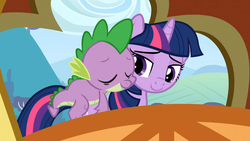 Size: 1365x768 | Tagged: safe, screencap, spike, twilight sparkle, dragon, pony, g4, the crystal empire, dragons riding ponies, riding, spike riding twilight